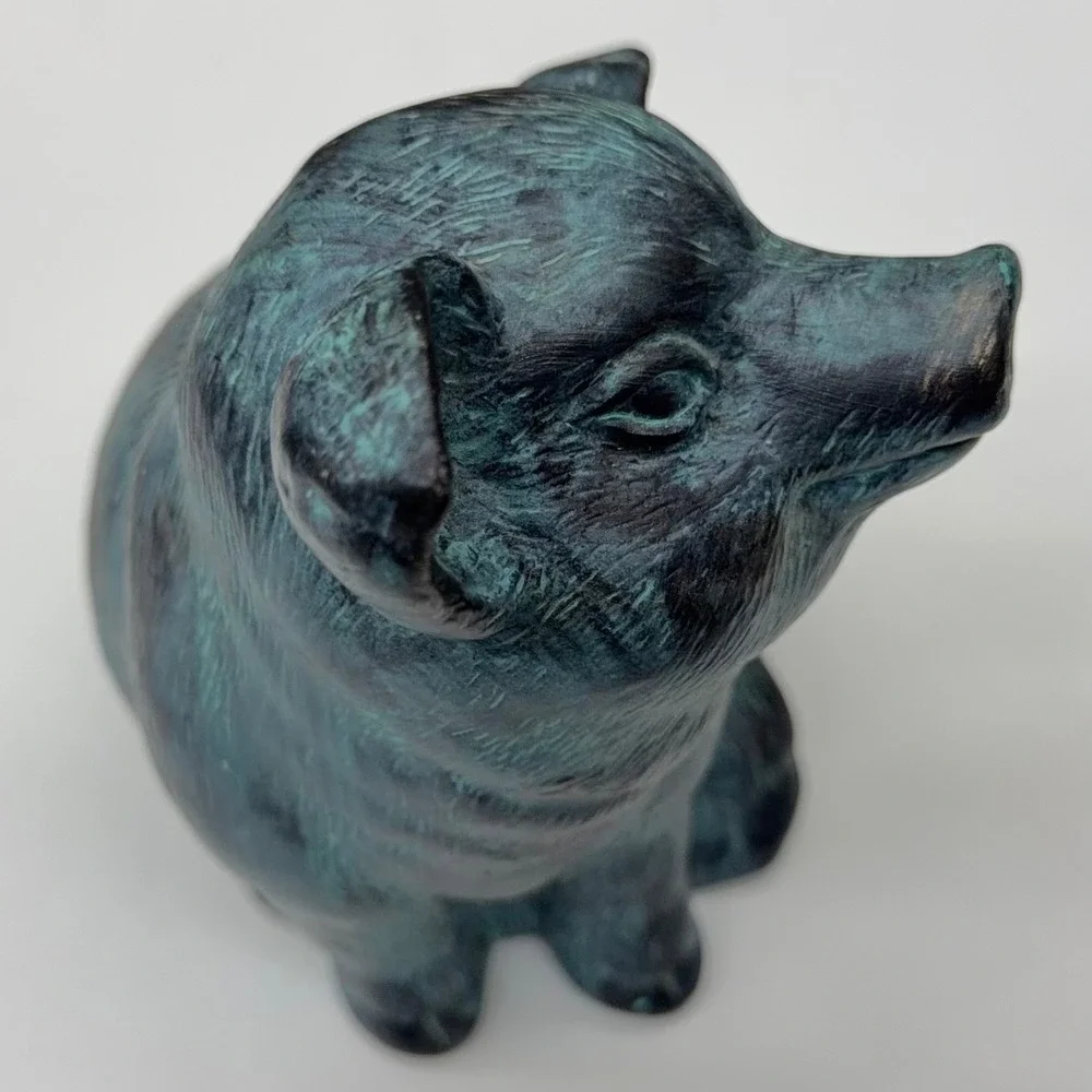 Vintage Style Verdigris Faux Bronze Pig Figurines Set‎ of 2 Farmhouse Decor Teal